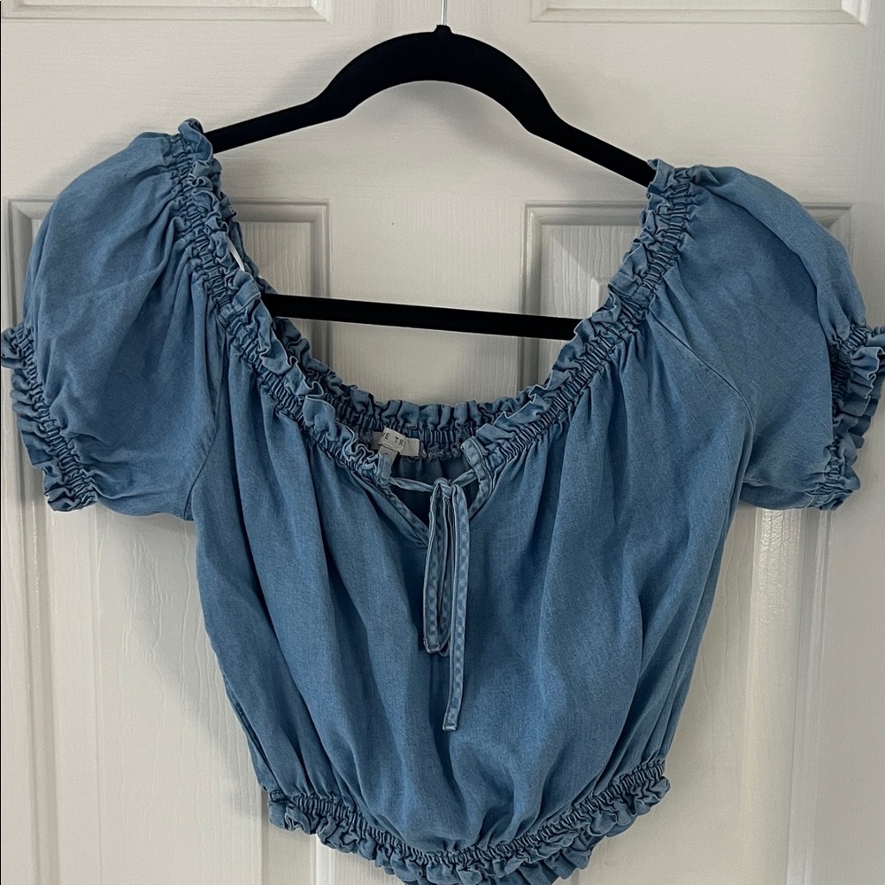 Love Tree Denim Blue Ruffled Blouse